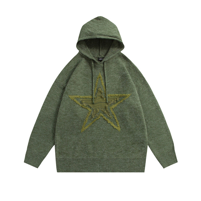 Star Jacquard Oversized Hooded Knit Sweater