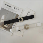 Thin Waistband Female Belt with Semi Oval Diamond Inlaid Buckle