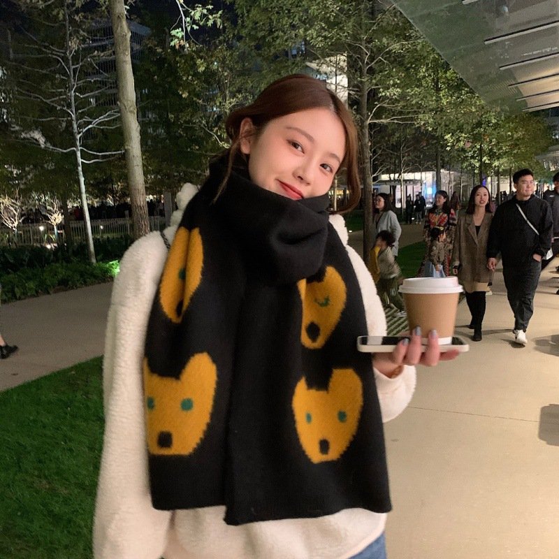 Soft Warm Bear Scarf for Women - Versatile Black Cashmere Wrap