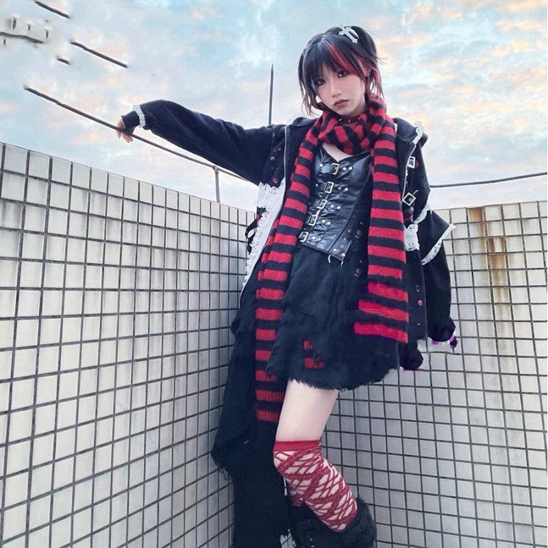 Grey Red Black Striped Scarf for Women - Spring Autumn Fashion Accessory