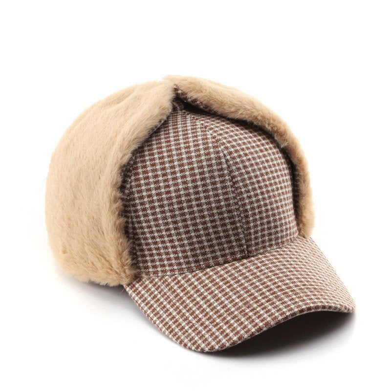 Warm Plaid Lambswool Hats for Women - Adjustable Fit