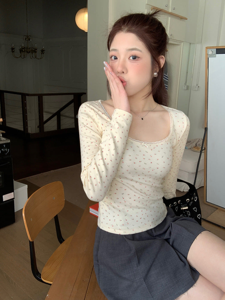 Floral Lace Long Sleeve Slim Crop Top