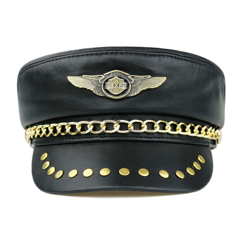 Navy Flat Top Leather Cap for Men & Women