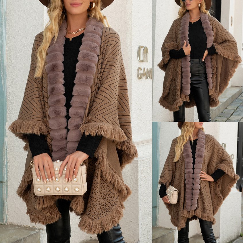 Luxury Wool Collar Tassel Shawl Sweater Cloak