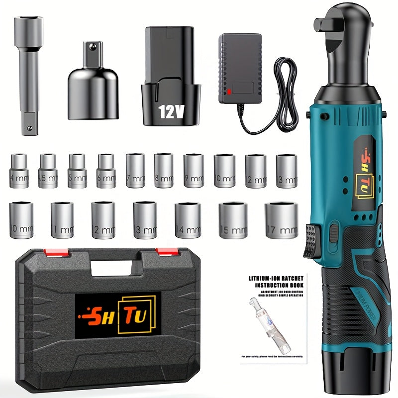 12V Brushless Electric Ratchet Wrench Set with Battery & Quick Charger - Cordless Power Tool Kit, Lithium-Ion Battery-Powered, Ergonomic Grip, Speed Control, Compatible with US Plug for Car Repair, Ho