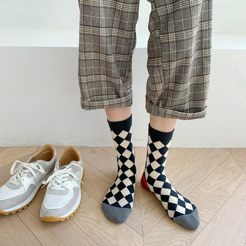 Plaid Flower Tube Cotton Socks for Women
