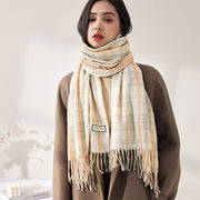 Cozy Plaid Shawl Scarf with Tassel
