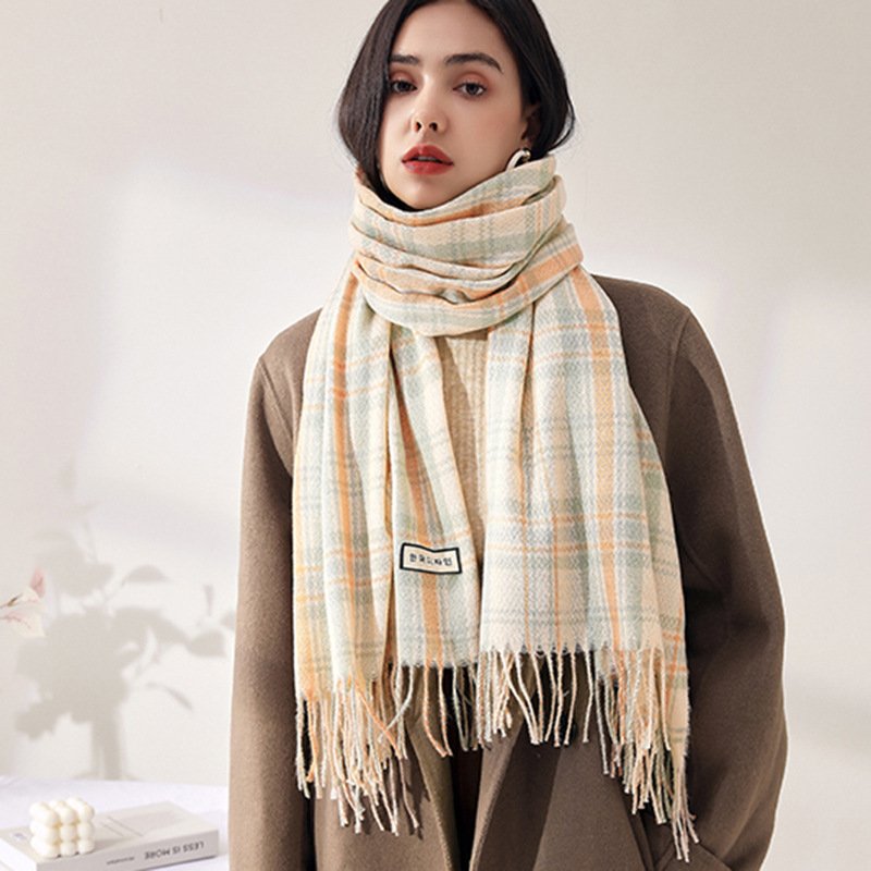 Cozy Plaid Shawl Scarf with Tassel