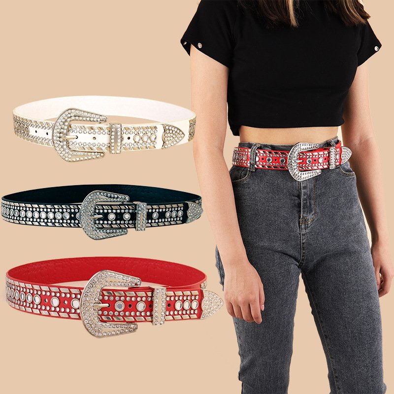 Vintage Locomotive Rivet Diamond Inlaid Decorative Belt for Women