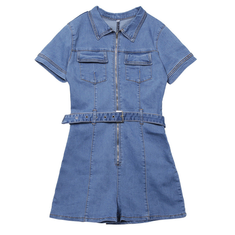 Slim Fit Deep V Denim Jumpsuit with Belt & Pockets