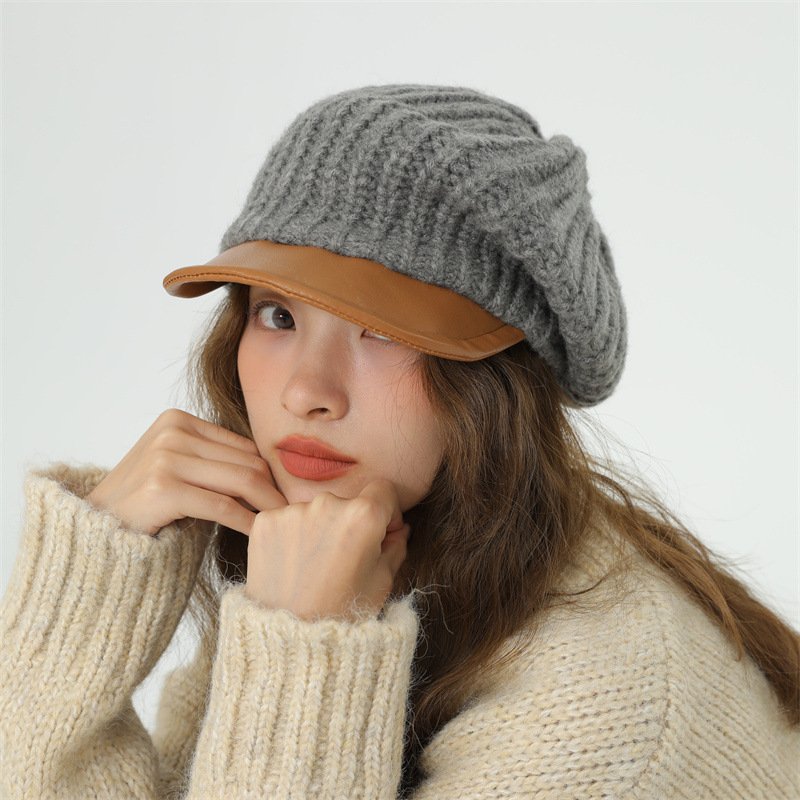 Leather Brim Knit Hat, Cold & Warm Proof, One Size