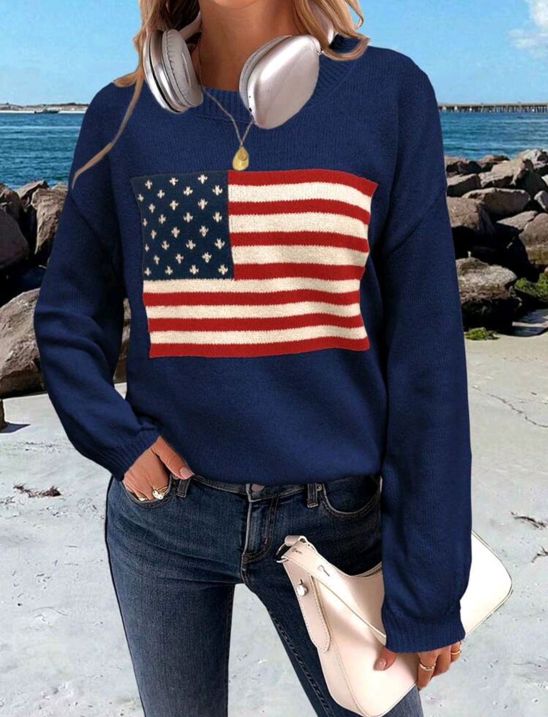 Cozy American Flag Long-Sleeve Crewneck Sweater
