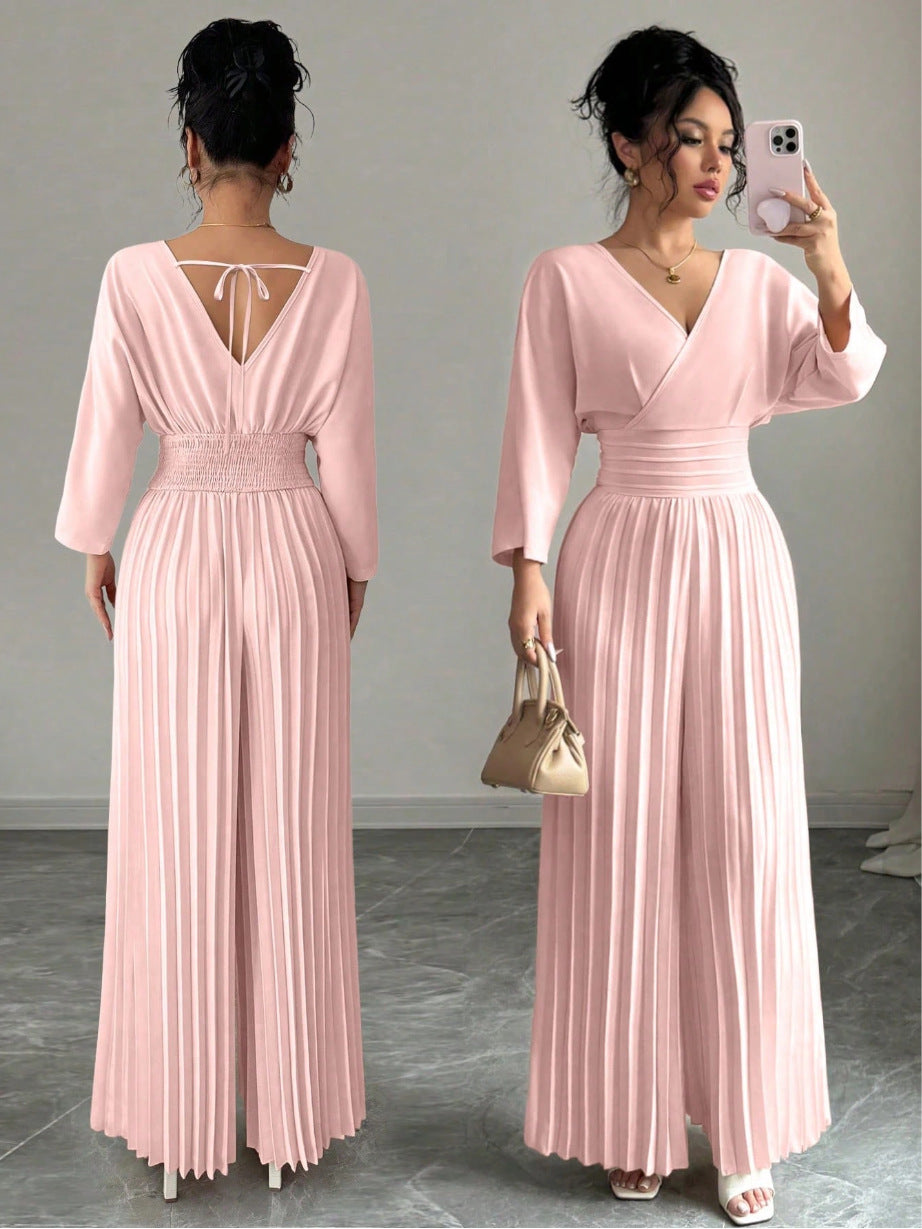 Solid-color Pleated Jumpsuit Pants For Women
