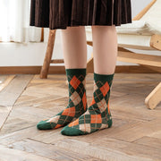 Retro Diamond Plaid Socks for Women - 5 Pack