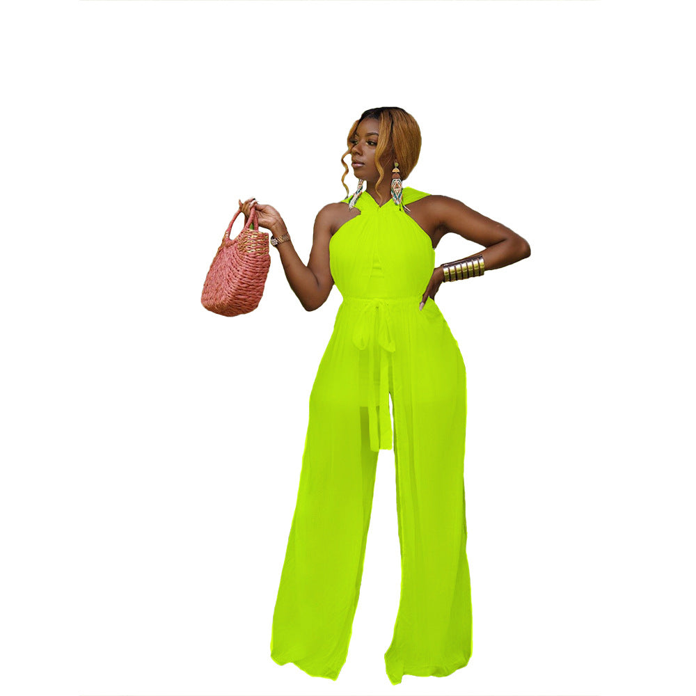 Women's Mesh Lace-Up Wide-Leg Jumpsuit