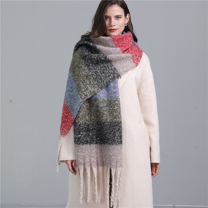 Warm Plaid Scarf for Women - Long Fringe, Thick, Soft, and Stylish