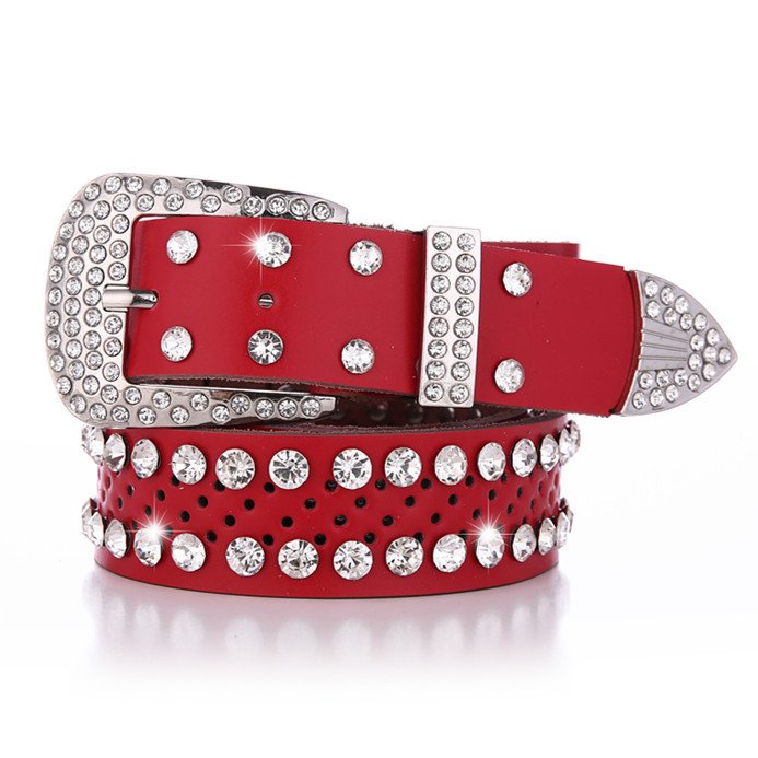 Stylish White Leather Belt with Alloy Diamond Inlay