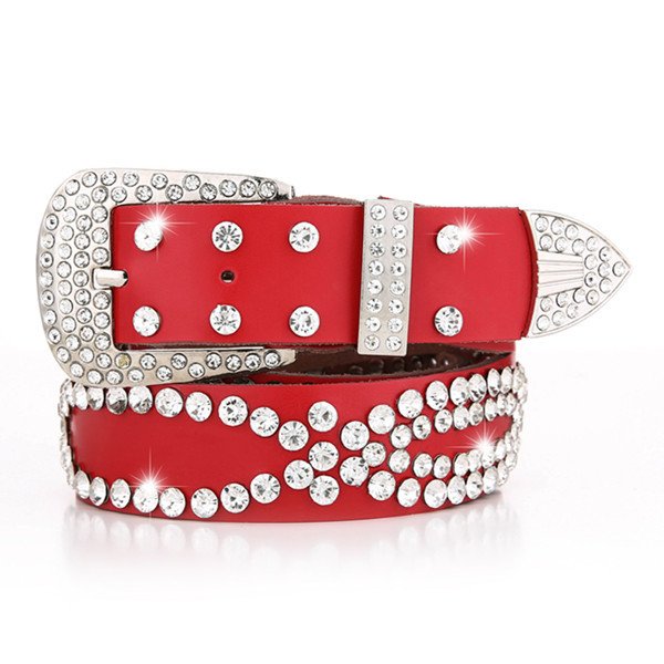 Women's Leather Belt with Diamond Inlay Buckle