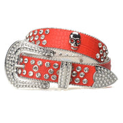 Women's Red Black White Leather Belt with D-Shaped Alloy Buckle