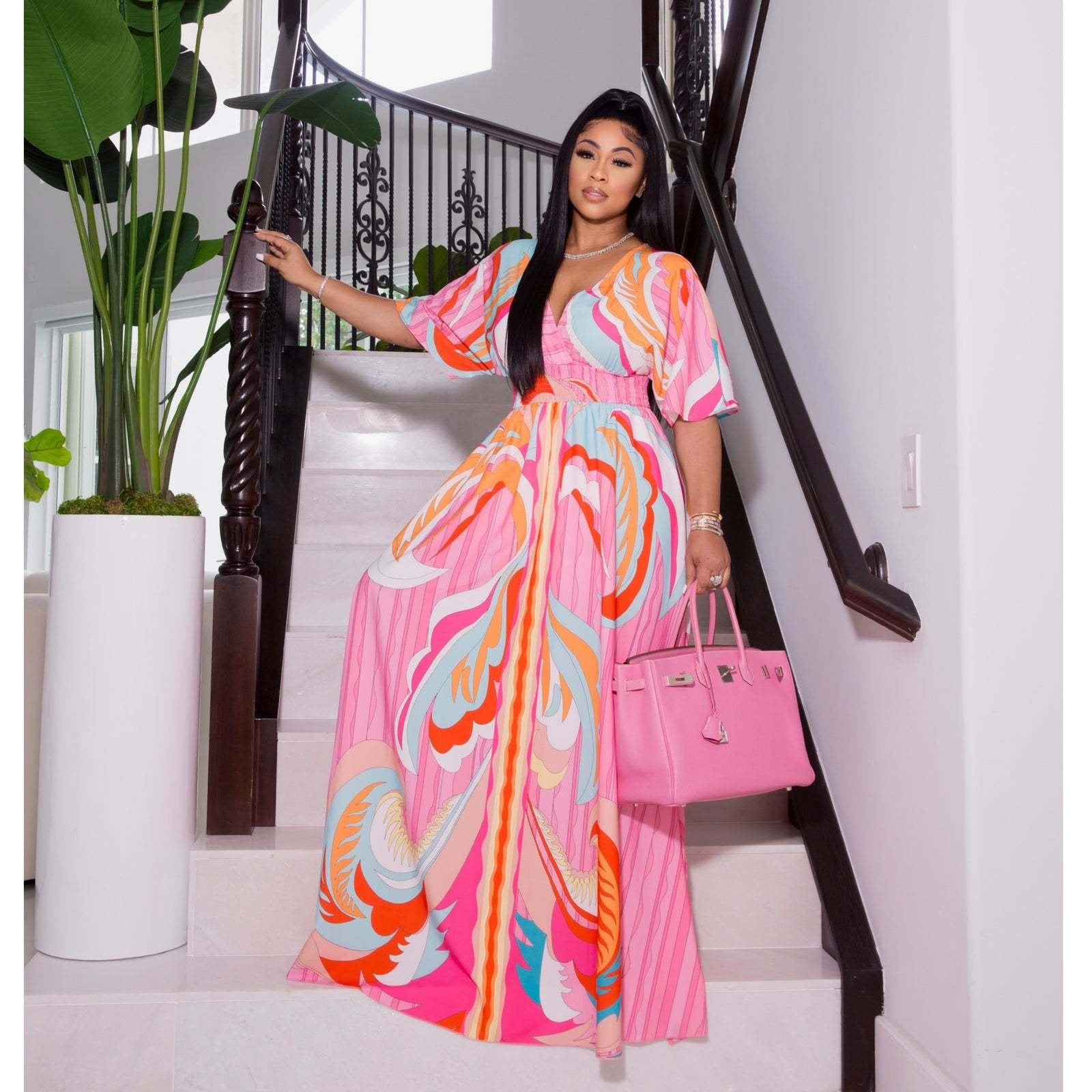 Women's Large Butterfly Print Dress with Side Slit