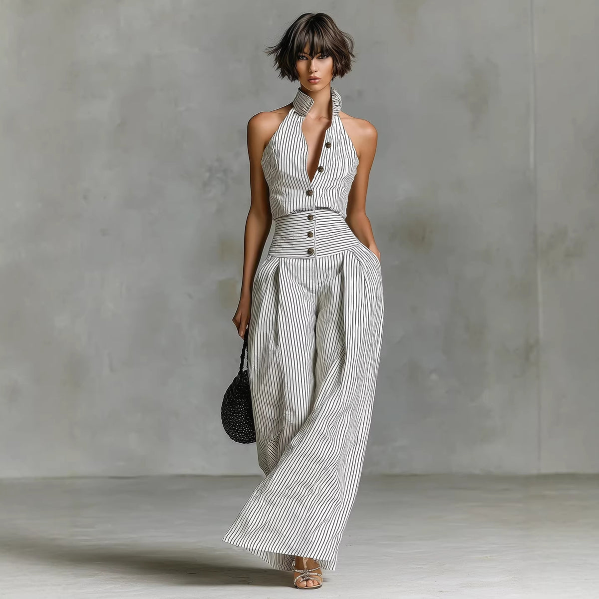 Button-front Sleeveless Shirt High-waisted Wide-leg Slim-fit Jumpsuit