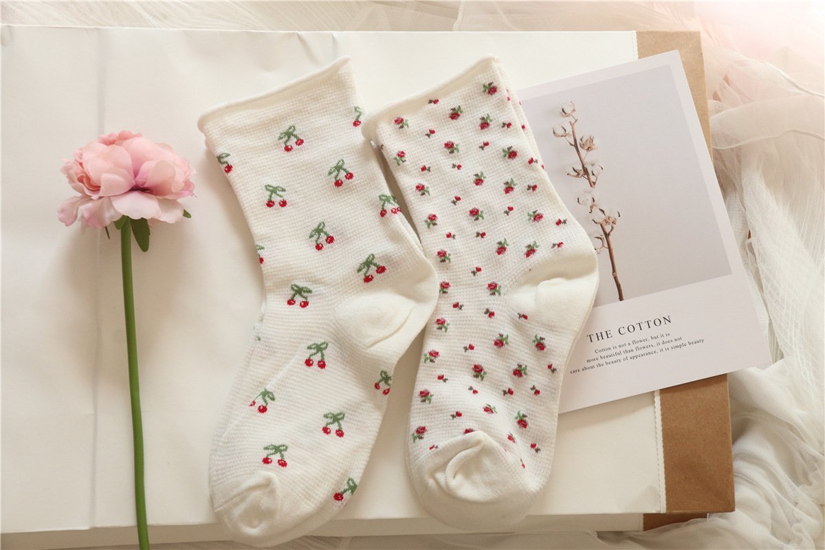 Breathable Cherry Floral Socks for Women
