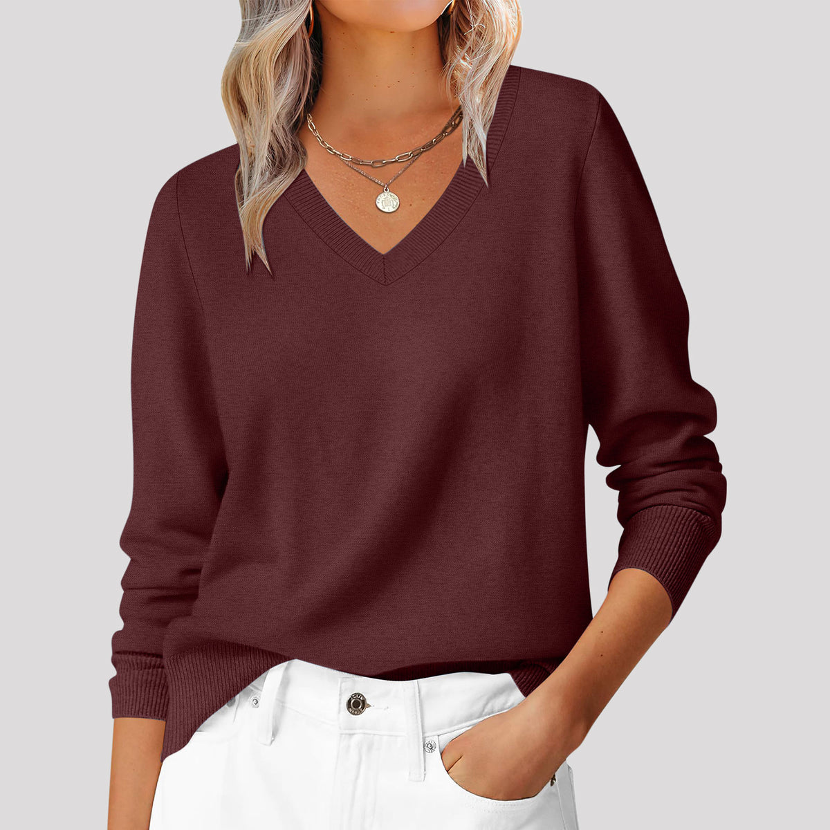 Autumn and Winter New Versatile Loose Casual Solid Color Temperament Commuting V-neck Pullover Women's Top