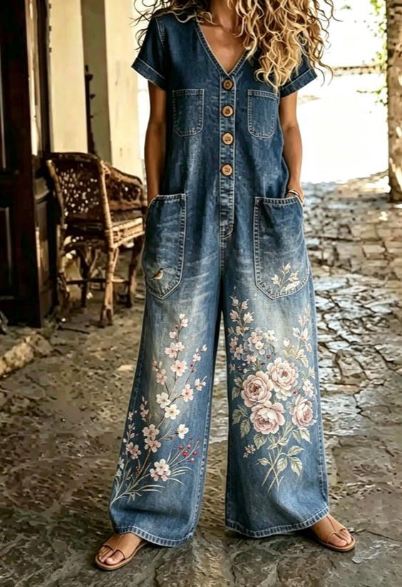 Casual Denim Wide-Leg Short Sleeve Jumpsuit with Pockets