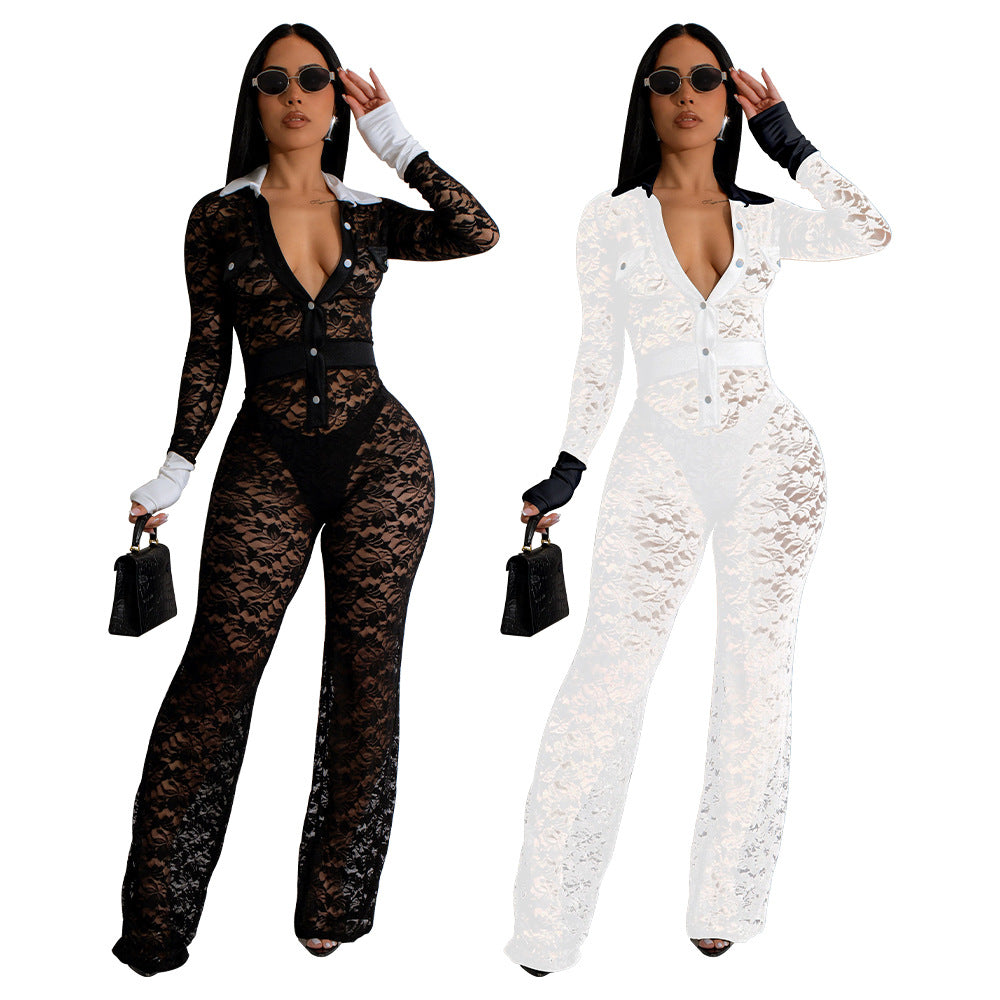 Women's Lace Contrast Stitching Long Jumpsuit