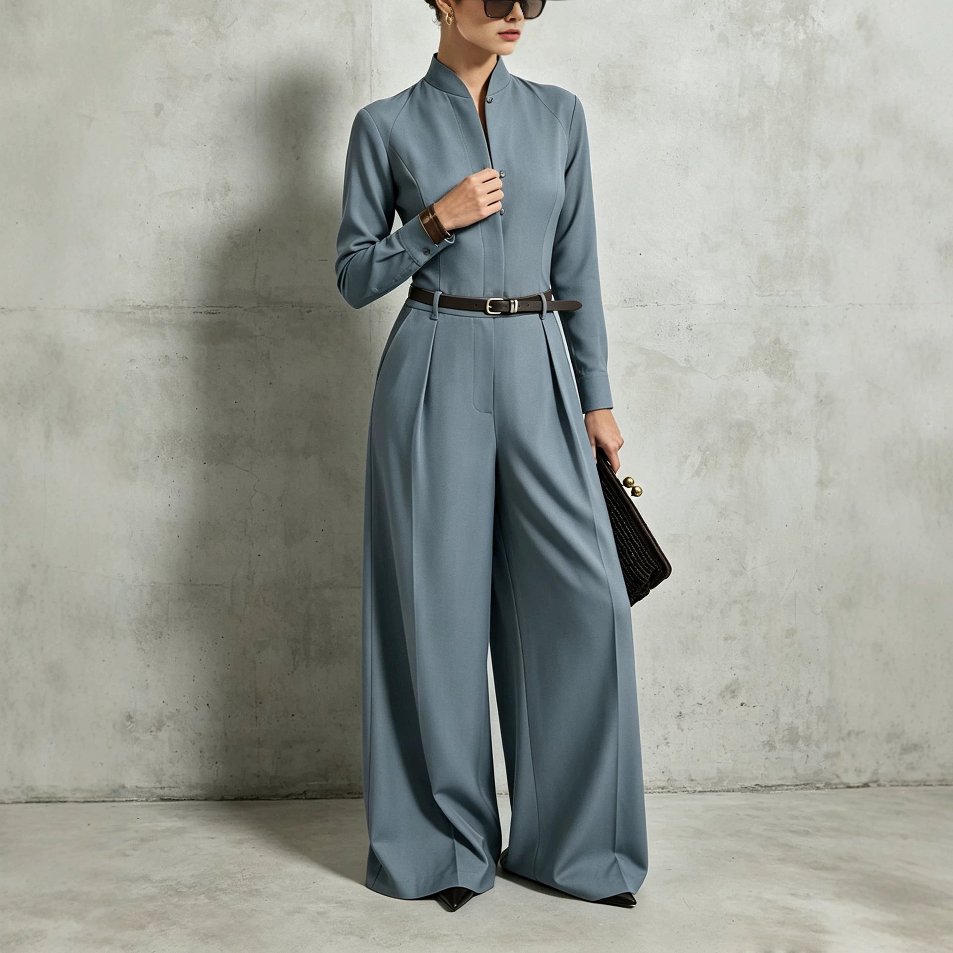 Chic Stand-Collar Long Sleeve Wide-Leg Jumpsuit