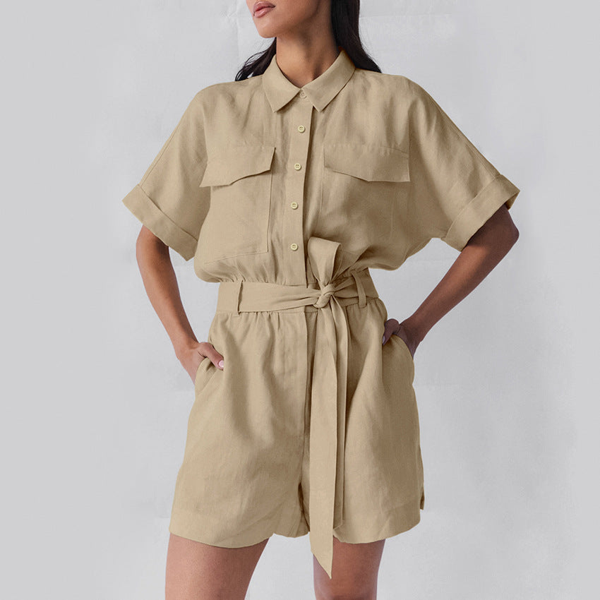 Women's Retro Lapel Wide-Leg Romper with Lace-Up Waist