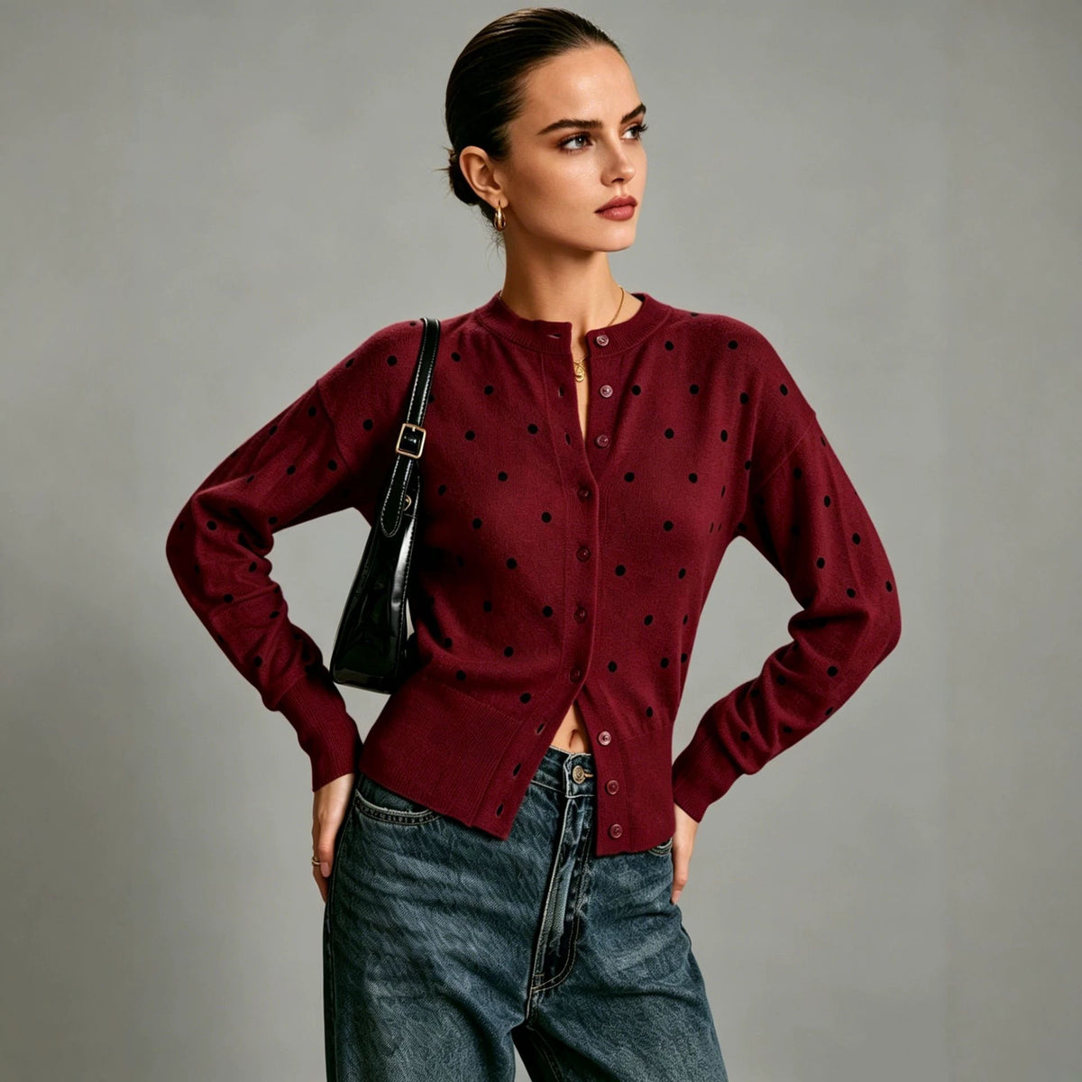 Round-neck Polka-dot Jacquard Vintage Casual Knit Cardigan