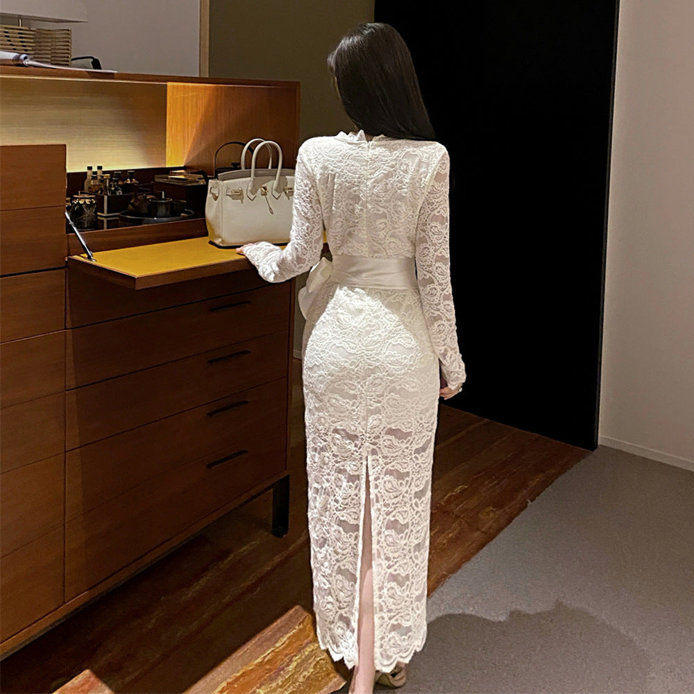 Women's Lace Bodycon Dress with Bow Tie