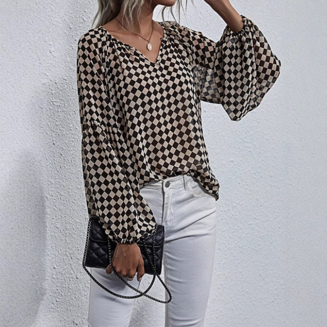 V‑Neck Plaid Long‑Sleeve Top – Puff Sleeve Trendy Shirt