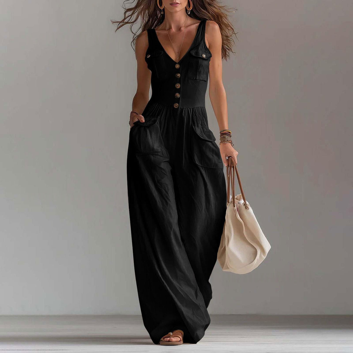 Casual Sleeveless Wide-Leg Jumpsuit with Pockets