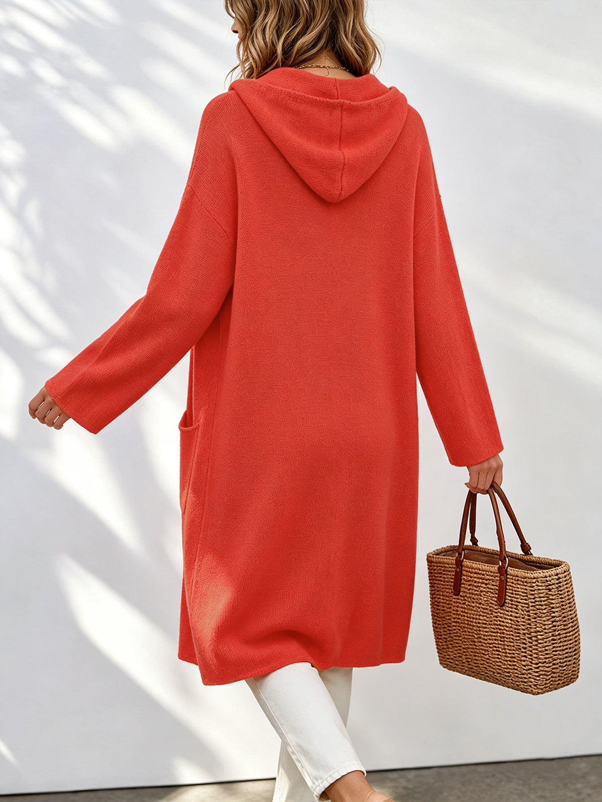 Spring Fall Daily Hooded Long Cardigan, Ladies Oversized Open Front Knit Coat Acrylic Fabric