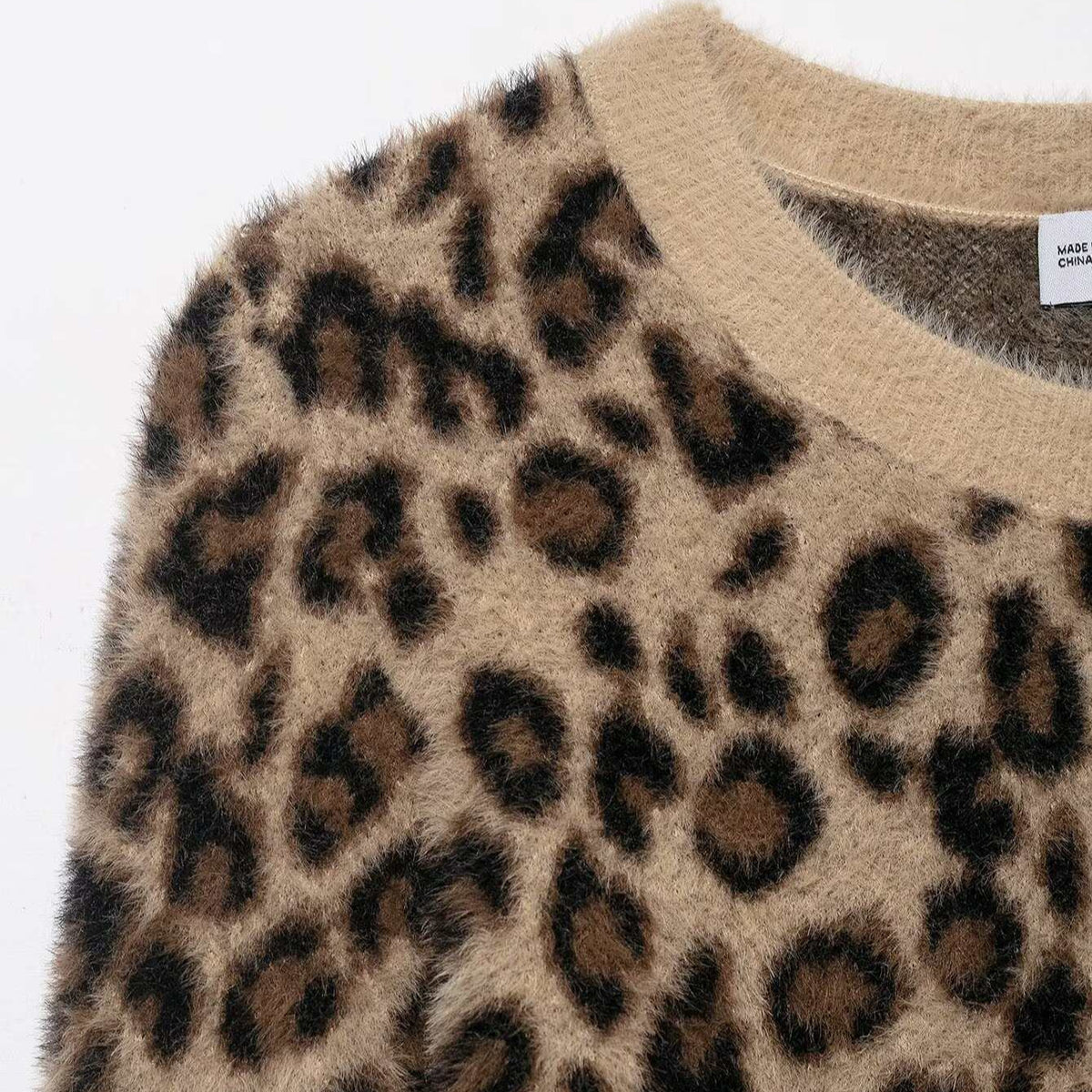 Retro Leopard-print Crew-neck Cropped Knitted Sweater