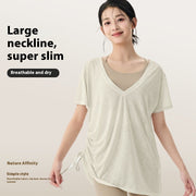 Breathable Pleated Slim-Fit Pilates T-Shirt – Light, Loose‑Fit, Hip‑Length