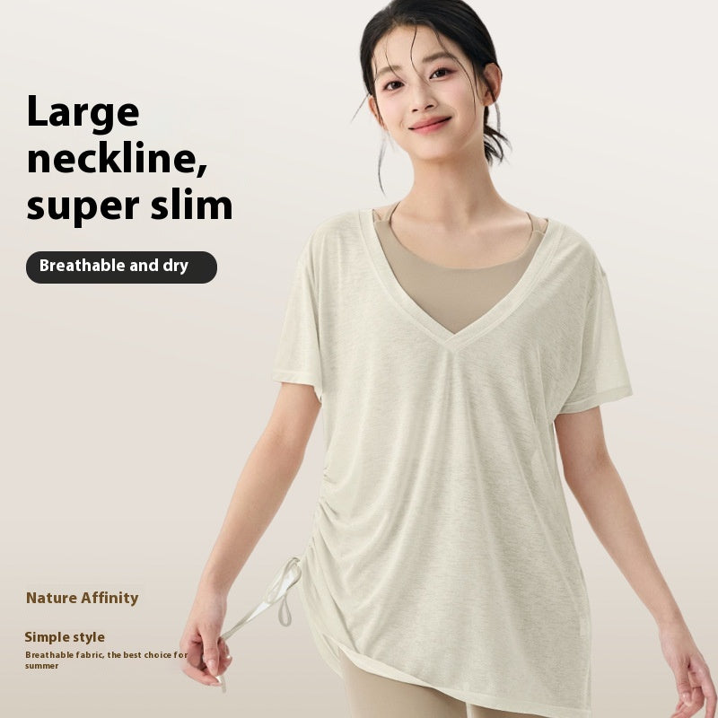 Breathable Pleated Slim-Fit Pilates T-Shirt – Light, Loose‑Fit, Hip‑Length