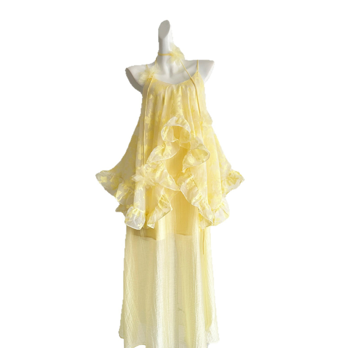 Ruffled Faux Two-piece Flared Strap Dress