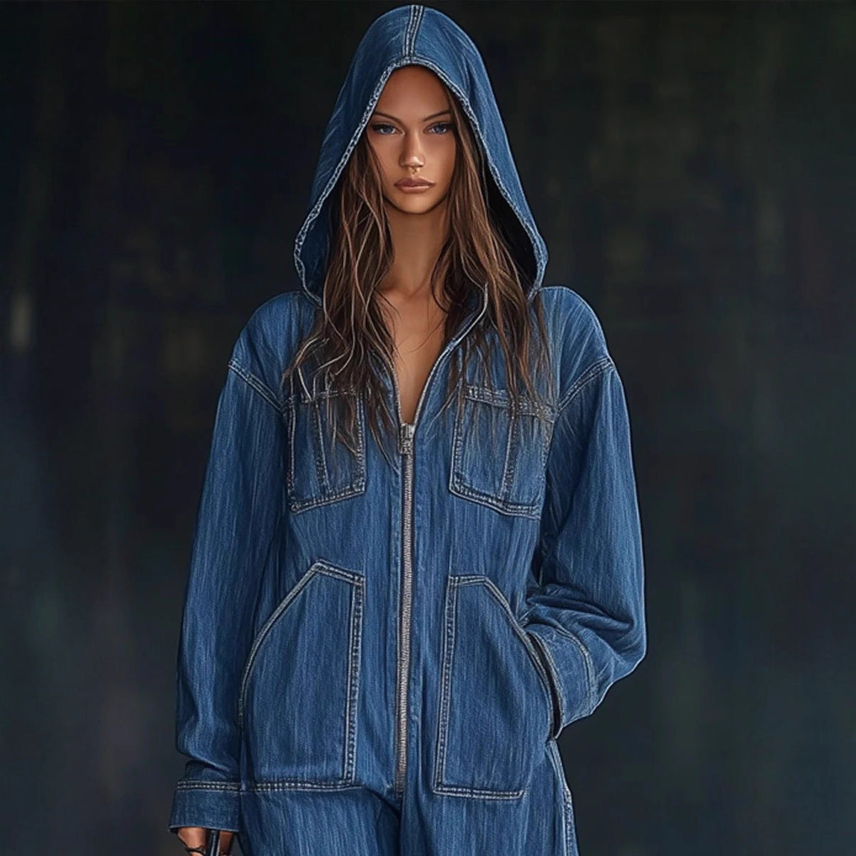 Women's Hooded Denim Overalls Casual Jumpsuit