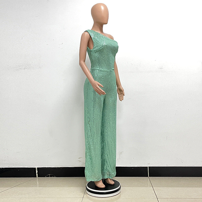 Glamorous One-Shoulder Sequined Wide-Leg Jumpsuit