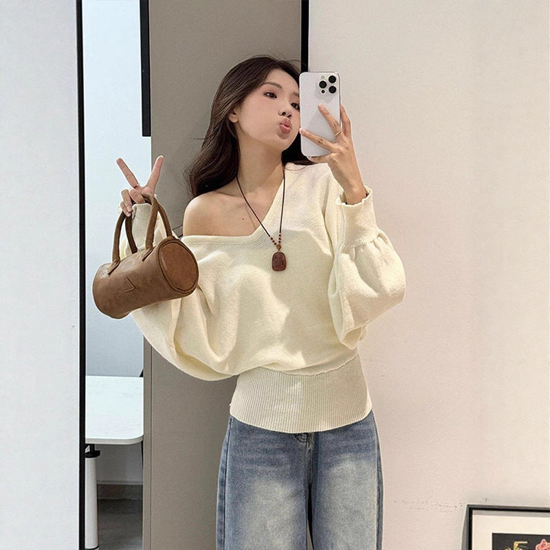 Lazy Style V-neck Batwing Sleeve Knitwear Women's Autumn and Winter