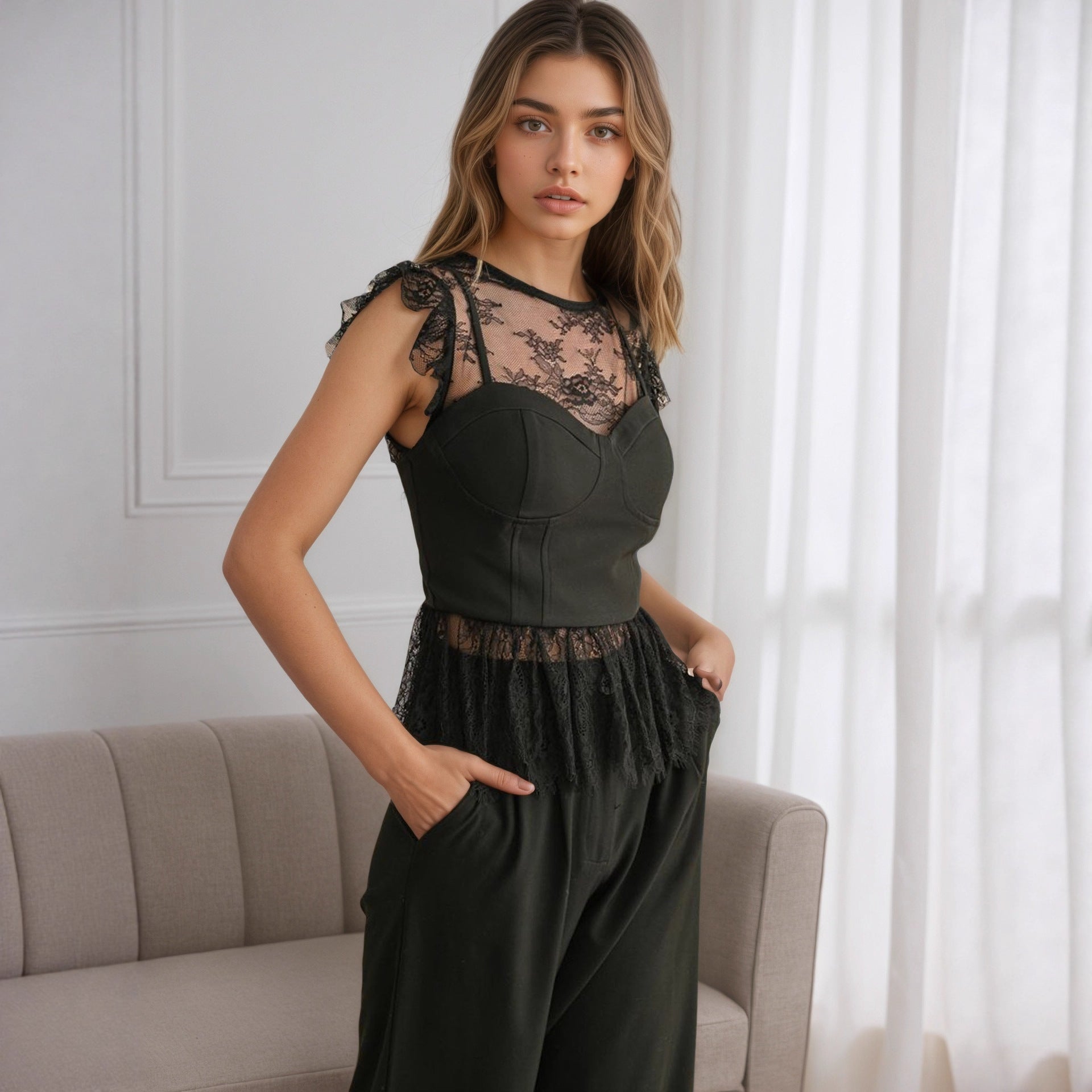 Chic Patchwork Lace Sleeveless Top – Slim Fit Black