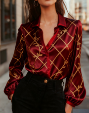 Red-Trim Color-Block Puff Sleeve Shirt – Elegant Women’s Top