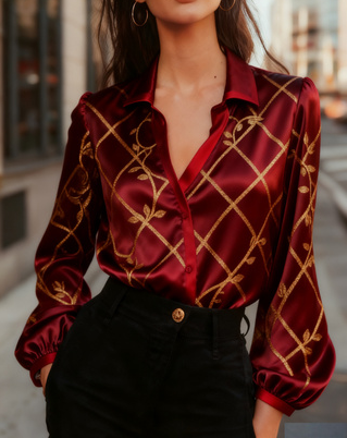 Red-Trim Color-Block Puff Sleeve Shirt – Elegant Women’s Top