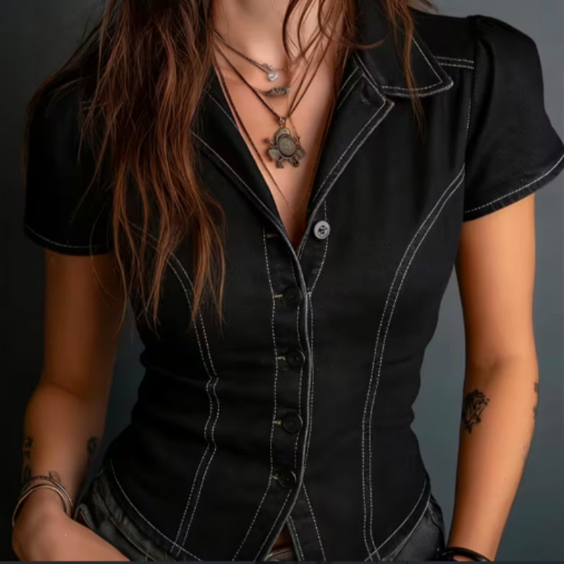Retro Waist Cinched Sports Shirt With Collar And Short Sleeves