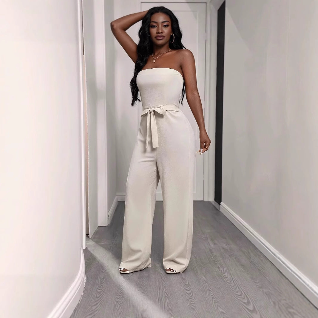 Elegant Strapless Solid-Color Long Jumpsuit for Women