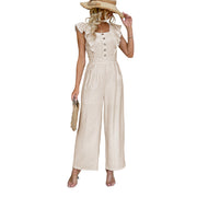 Elegant Womens Solid-Colored Jumpsuit With Ruffled Square Neckline And Puffed Sleeves