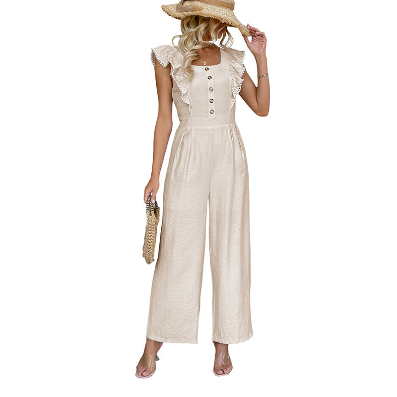 Elegant Womens Solid-Colored Jumpsuit With Ruffled Square Neckline And Puffed Sleeves